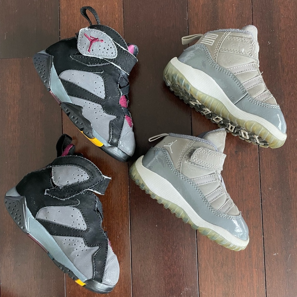 Lot of 2 pairs.  Jordan 7 Bordeaux & Jordan 11 cool grey toddler